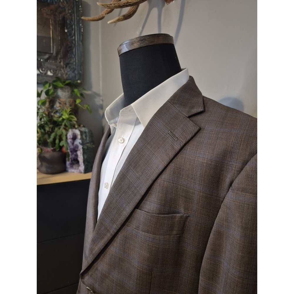 Hart Schaffner Marx Mens 42R Two Button Wool Sports Coat Brown Blue Check USA